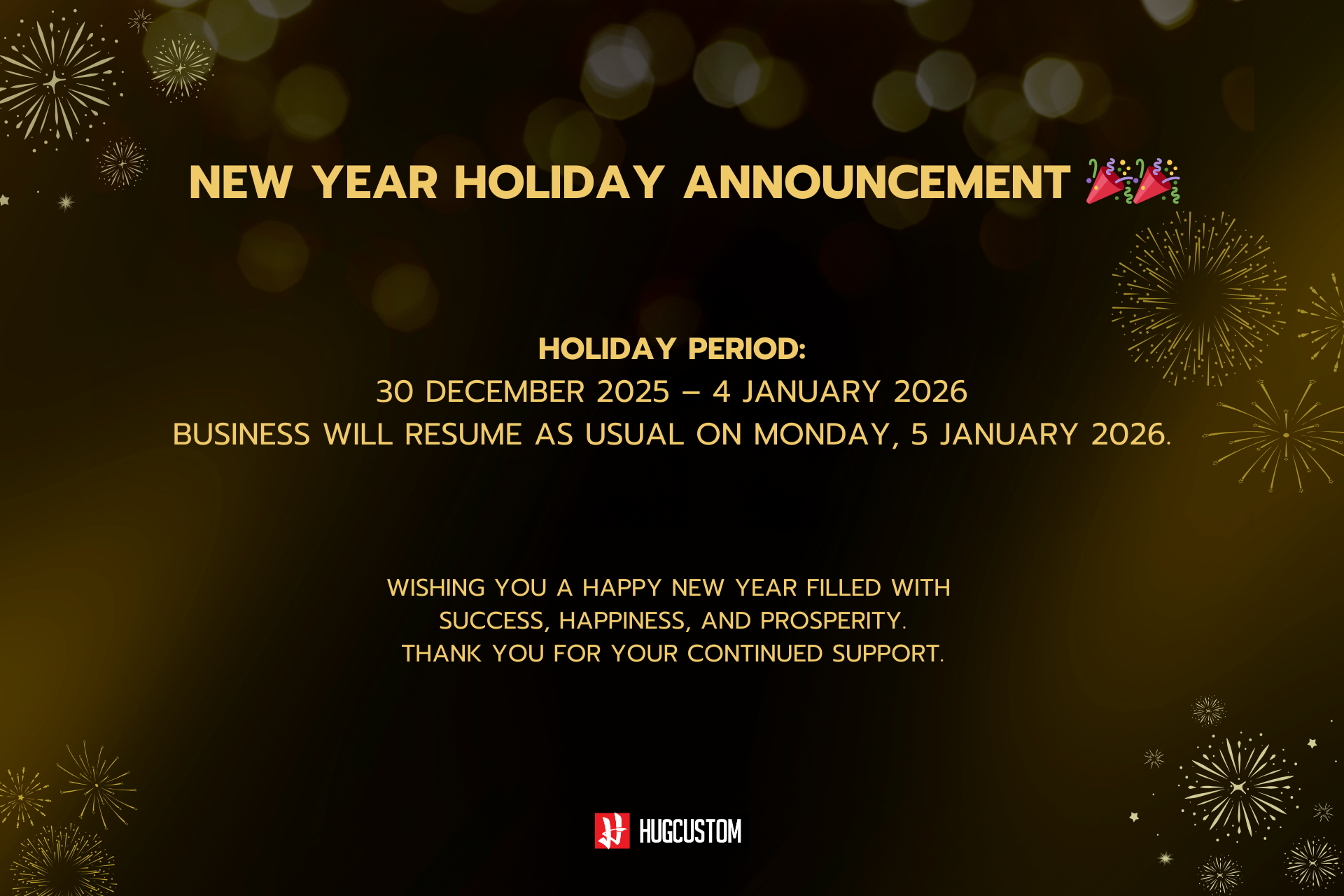 New Year holiday announcement with fireworks on a dark background