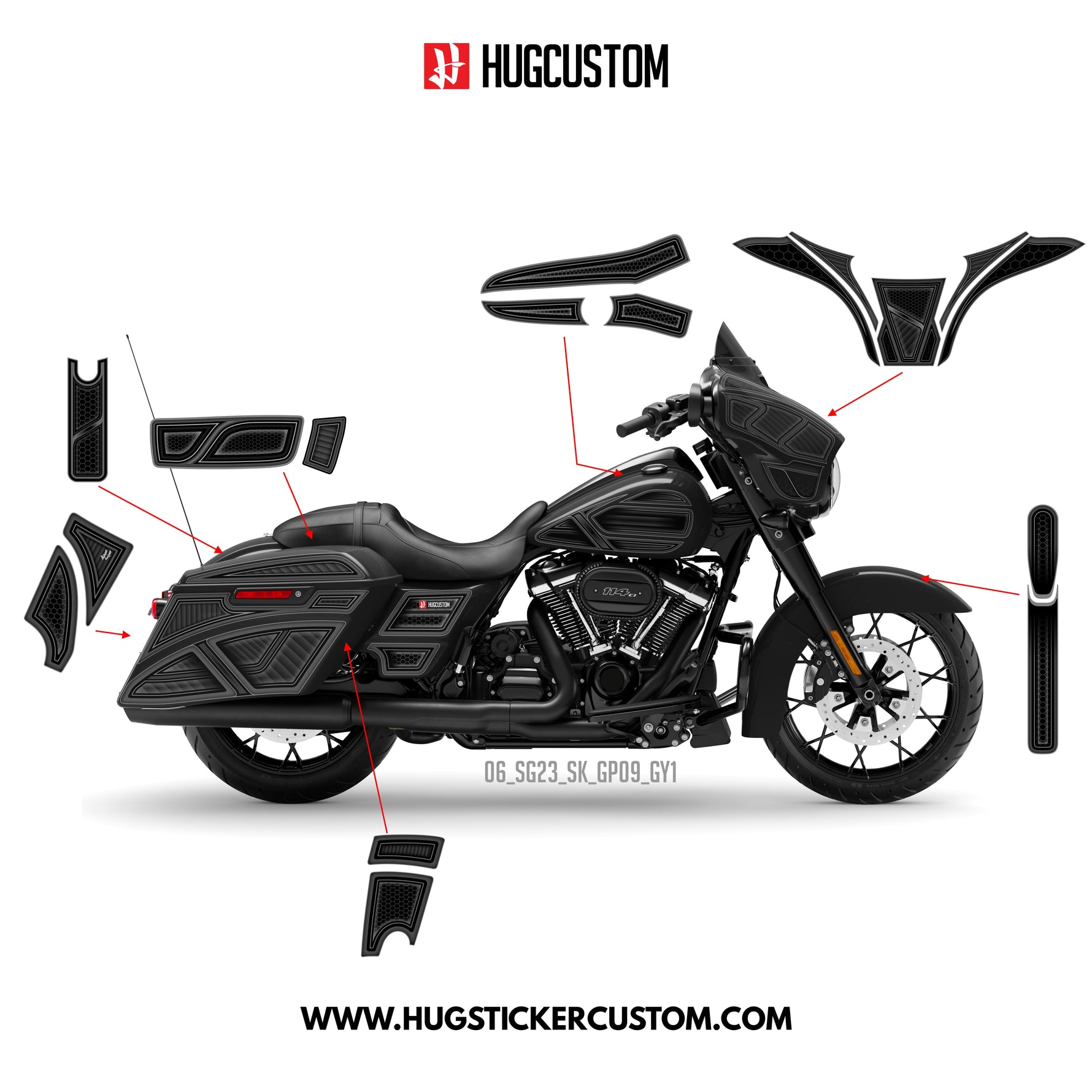 HUGCUSTOM Sticker Kit for Touring SG (FLHXS/FLHXST) (2015-2023) - 'HiveX' Design (Full Set) - HUGSTICKERCUSTOM 