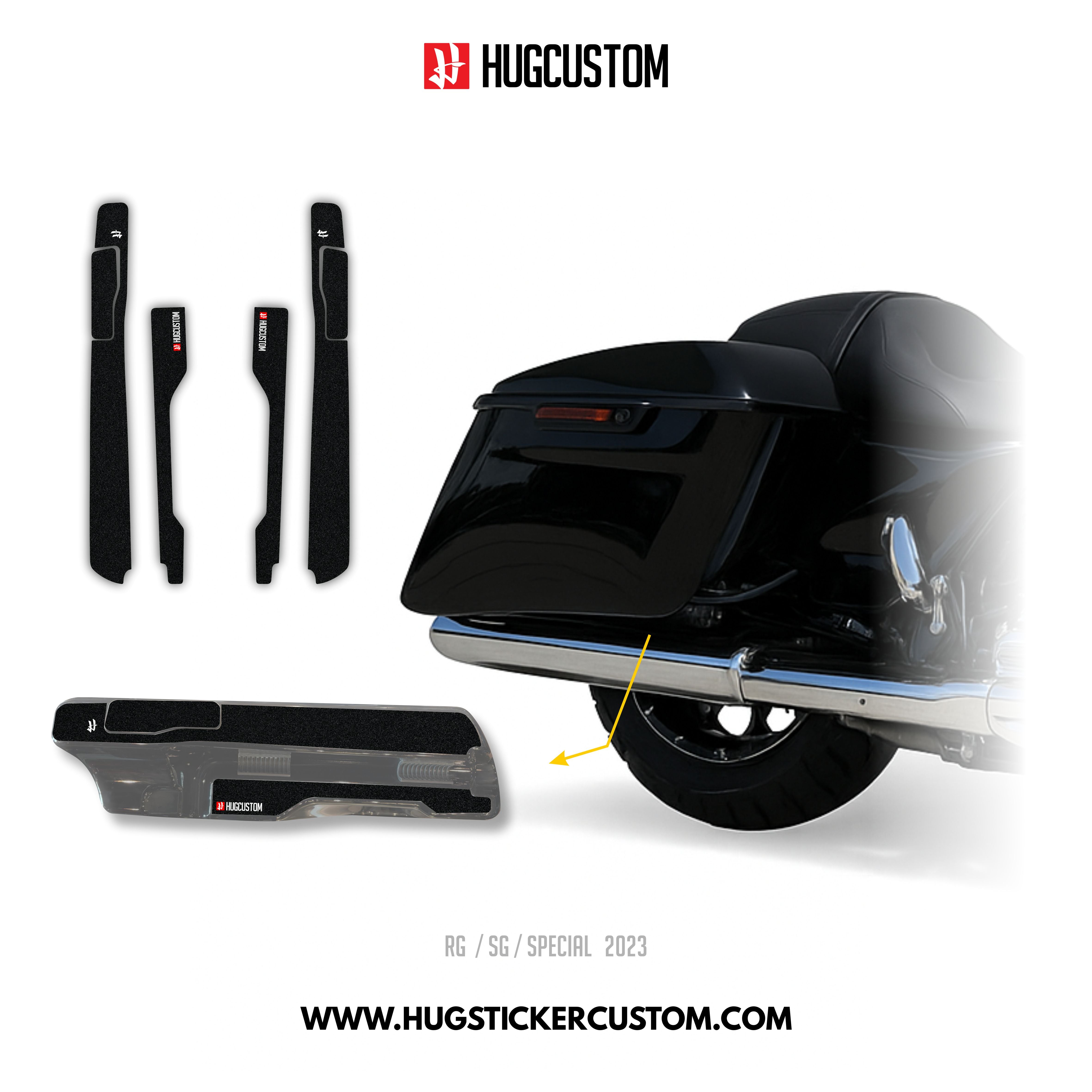 HUGSHIELD Under Saddlebag for Touring RG SG / Special (FLTRXS FLHXS) 2015-2023 - 'Black' Design - HUGSTICKERCUSTOM 