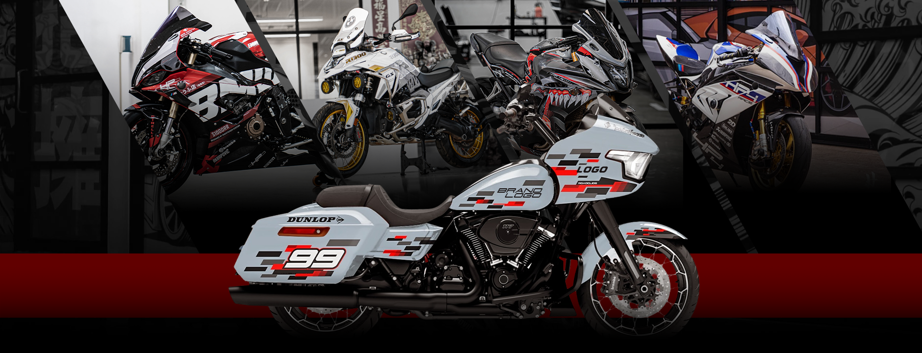 HUGCUSTOM custom motorcycle sticker kits – Harley-Davidson Road Glide & BMW sport bikes wrapped in premium racing decals