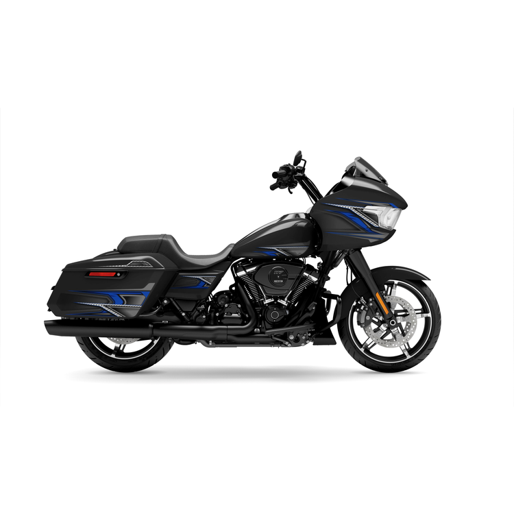 After comparison of Harley-Davidson Road Glide showing stock bike vs HUGCUSTOM blue stripe sticker kit